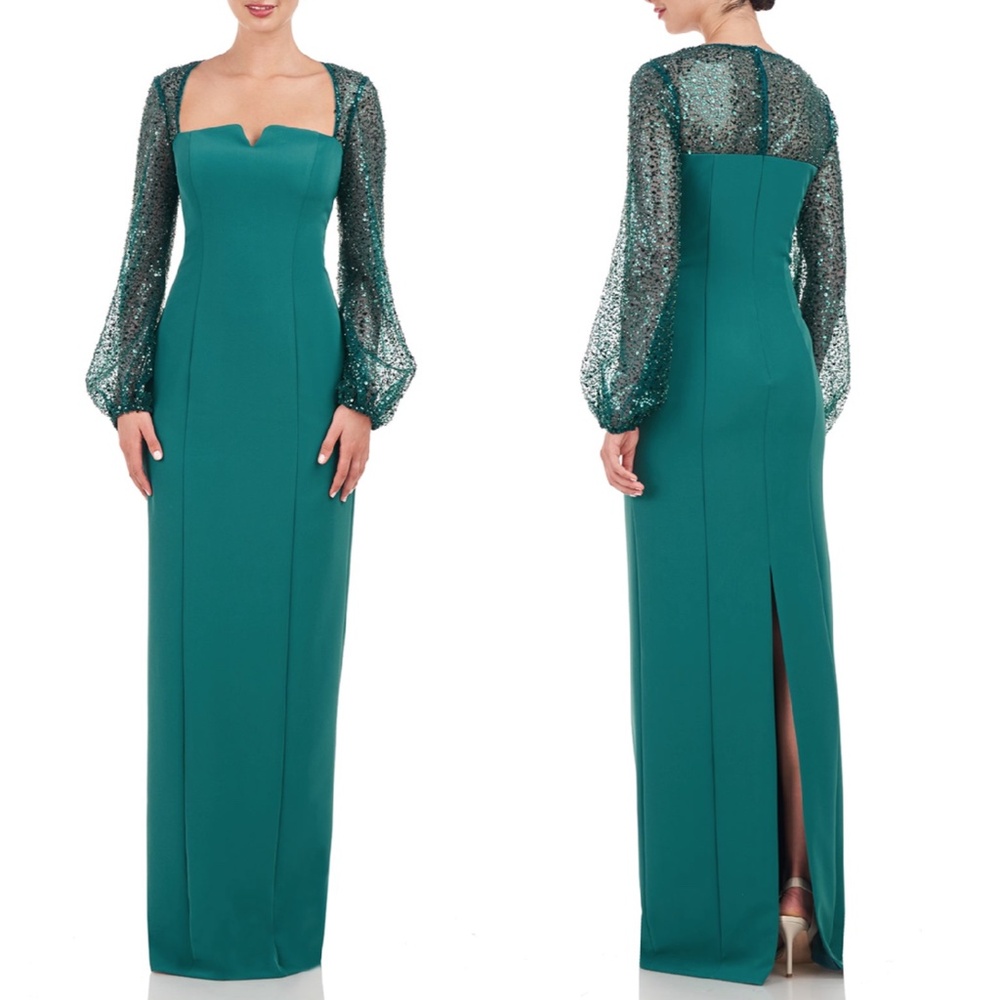 NEW JS COLLECTIONS Teal KIM Sequin BALLON LONG SLEEVE Column EVENING GOWN 4